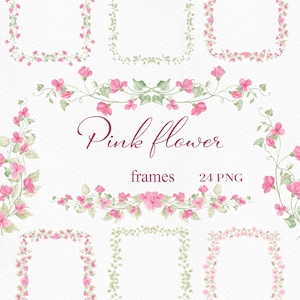 Pode incluir: Ilustrações em aquarela de molduras e bordas florais de flores cor-de-rosa. O texto "Pink flower frames 24 PNG" é exibido em uma escrita delicada. As molduras são quadradas e retangulares, com flores cor-de-rosa e folhas verdes.