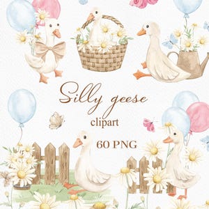 Clipart di oche ad acquerello: composizioni di margherite (60 PNG, download digitale)