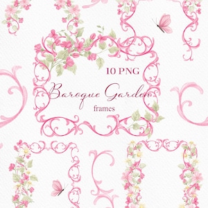 Op de afbeelding: Een verzameling roze Baroque Garden frames met bloemen- en vlinderaccenten. De frames zijn versierd met roze bloemen en groene bladeren, met de tekst "10 PNG" en "Baroque Garden frames".