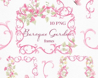 Clipart de acuarela de jardín barroco: escudos vintage, marcos florales (10 PNG, descarga digital)