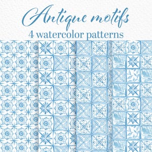 Papiers numériques de la Grèce, sans couture, papier de Santorin, motif de la Grèce, motifs de la Grèce aquarelles, 4 motifs aquarelles, motifs anciens, dessinés à la main