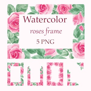Pink roses frame, Watercolor floral frame, Watercolor, Blush roses, Clipart, Floral borders, Pink flower, Border clipart, Digital frame
