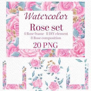 Roze rozen frame, aquarel bloemen frame, blozen rozen, roos clipart, bloemen randen, aquarel rozen, Сlipart, roze rozen, bruiloft, zacht