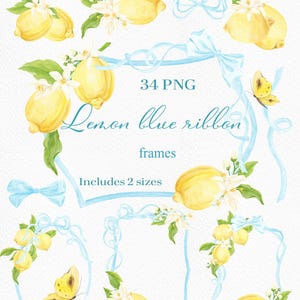 May include: Watercolor digital art featuring lemons, white blossoms, and green leaves. The design includes light blue ribbon frames, bows, and a yellow butterfly. Text reads "34 PNG Lemon blue ribbon frames Includes 2 sizes."
