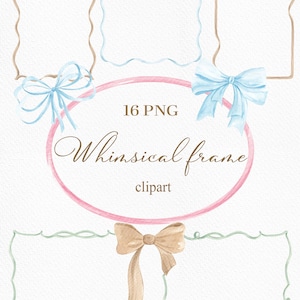 Watercolor soft pastel bow frame clipart: Vintage ribbon borders (16 PNG, Digital Download)