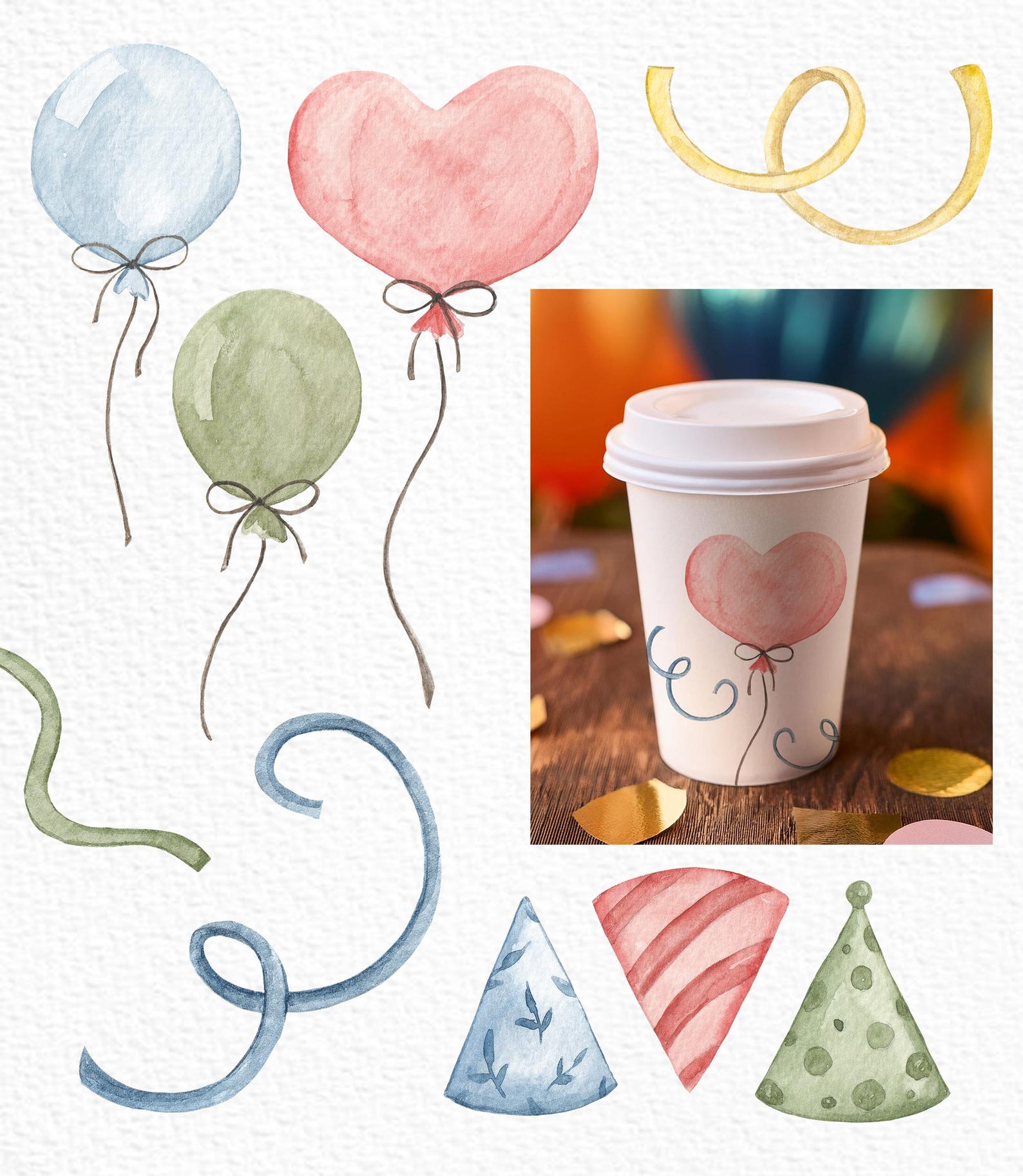 Watercolor Birthday Clipart Set: Party Elements, Balloons, Gift Box ...
