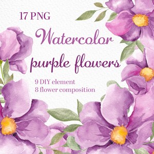 Aquarell Blumen, violette Blumen, lila Set, grünes Blumenset, Elements Bouquet, Hochzeitseinladung, Blumenblätter, Clipart PNG, Digital