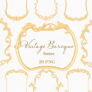 May include: Watercolor illustration of vintage baroque frames in shades of gold. The image features various frame shapes, including rectangular and oval designs, with ornate scrollwork and decorative elements. The text "Vintage Baroque frames 20 PNG" is also included.