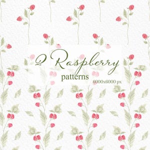 Może przedstawiać: Wzór akwarelowy z gałązkami malin z czerwonymi jagodami i zielonymi liśćmi na białym tle. Tekst "2 Raspberry patterns 6000x6000 px" jest wyświetlany na obrazie.