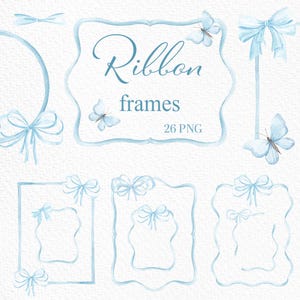 Coquette Bow Frame Clipart, Watercolor Bow Frames, Vintage Ribbon Borders, Wedding Invitation, Baby Shower, Blue Bow Frames, Bows,Ribbon PNG