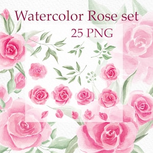 Aquarelrozen, Clipart, Roze rozen, Bruiloft, Feestdagen, Verjaardag, Bloemcomposities, Set rozen, Zacht, Natuurlijk, PNG, Digitaal bestand