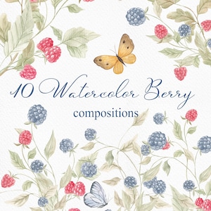 Watercolor Vintage Woodland Berry compositions: 10 PNG Set (Digital Download)