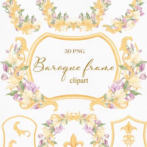 Op de afbeelding: Watercolor barok frame clipart set. Bevat een groot gouden frame, bloemaccenten en decoratieve elementen. Het ontwerp bevat gele, paarse en witte bloemen met gouden filigraan details. De tekst "Baroque frame clipart" is inbegrepen.