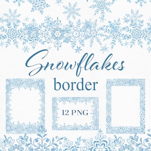 Puede incluir: Ilustración en acuarela con bordes y marcos de copos de nieve azules. La imagen incluye el texto "Snowflakes border" y "12 PNG". Ideal para arte digital y manualidades con temática invernal.