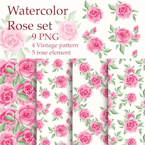 Aquarelrozen, Сlipart, Roze rozen, Bruiloft, Zacht, Natuurlijk, Afdrukken, Naadloos patroon, Huishoudtextiel, Bloemstukken, Vintage print