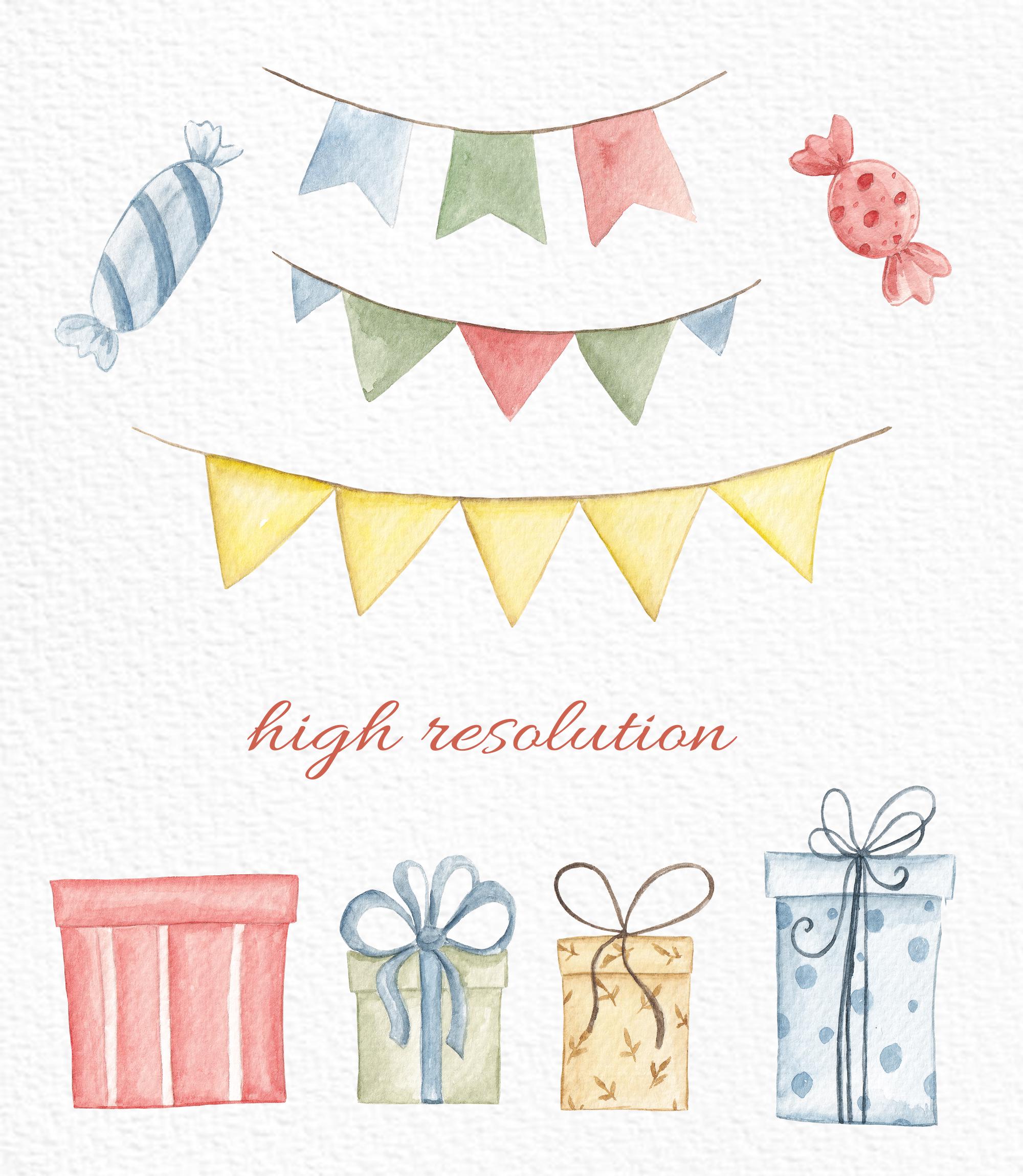 Watercolor Birthday Clipart Set: Party Elements, Balloons, Gift Box ...