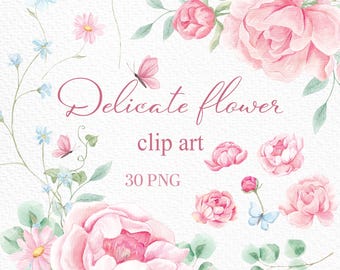 水彩画風牡丹のクリップアート：ロマンチックなピンクの花柄PNG、結婚式の招待状、淡いピンク色の花（デジタルダウンロード）