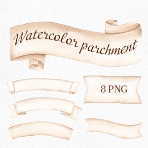Puede incluir: Un conjunto de ocho pancartas de pergamino de acuarela en varias formas y tamaños. Las pancartas son de color marrón claro y tienen un aspecto texturizado y envejecido. El texto "Watercolor parchment" y "8 PNG" es visible en las pancartas.