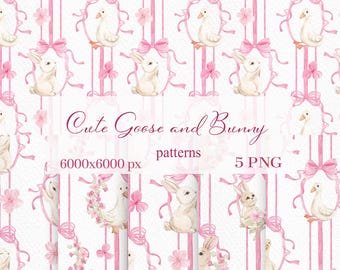 Vintage Watercolor Baby Animal Seamless Patterns, Bunny and Goose (5 PNG, 6000x6000 px)