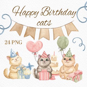 Cute Birthday Cat, Cat Clipart, Animal clipart, Little Kittens PNG, Birthday invitation, Happy Birthday, Cute Cats Party, Party Designs