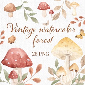 Floresta Vitage, Clipart de aquarela, Floresta, Convite, Elementos florais, Logotipo, Cogumelos vintage, Clipart de berçário, Clipart de floresta mágica