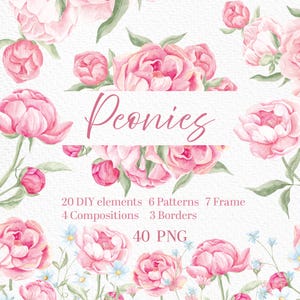 Pfingstrose Clipart, Blush Pink, Pfingstrosen Png, Aquarell Blumen Clip Art, Blumen, Hochzeitsrahmen, Einladungen, Romantisch, Frühlingsblumen, Border