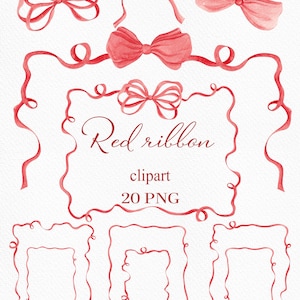Watercolor Coquette Bow Frame Clipart: Red Ribbon PNG (Digital Download)