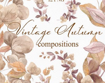Watercolor Autumn Leaves Clipart: Fall Forest Compositions PNG, Hand painted Dry leaves, Vintage decor