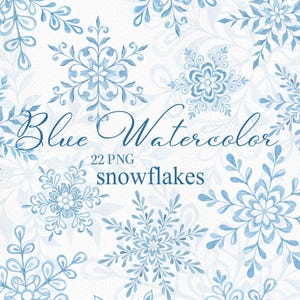 Puede incluir: Ilustración en acuarela de copos de nieve azules sobre fondo blanco. La imagen incluye el texto "Blue Watercolor" y "22 PNG snowflakes". Los copos de nieve tienen diseños intrincados y delicados.