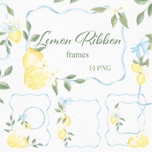 Clipart con cornice a fiocco Coquette, cornici a forma di limone acquerellato, bordi con nastri vintage, inviti di nozze, baby shower, cornici a fiocco blu, limone, agrumi