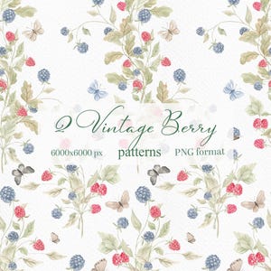 Puede incluir: Patrón de acuarela con un diseño repetido de bayas, hojas y mariposas. Las bayas son rojas y azules, con hojas verdes y mariposas marrones. El texto "2 Vintage Berry patterns PNG format" está incluido.