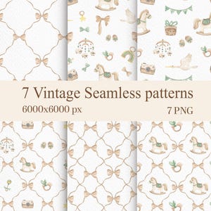 May include: Seven vintage seamless patterns with a baby theme. The patterns feature bows, rocking horses, cameras, rainbows, and other baby-related illustrations in soft pastel colours. The text "7 Vintage Seamless patterns" is displayed.
