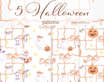 May include: Watercolor Halloween patterns featuring ghosts, pumpkins, bats, and bows. The patterns are set against a white background with orange grid lines and text that reads "5 Halloween patterns". The image is 6000x6000 px.
