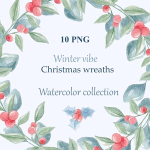 Navidad, Ramas, Clipart, Acuarela, Invierno, Frutos rojos, Corona, PNG, Tarjeta festiva, Elementos, Botánico, Floral, Composición