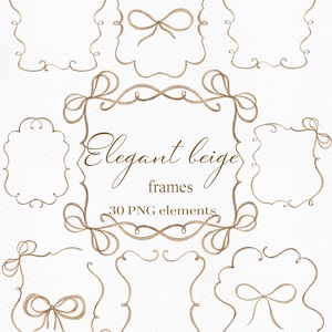 Può includere: Una collezione di eleganti cornici beige con dettagli a fiocco. Le cornici sono di varie forme e dimensioni, con un aspetto delicato e disegnato a mano. È incluso anche il testo "Elegant beige frames" e "30 PNG elements".