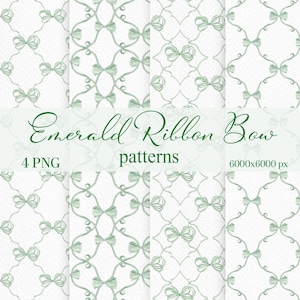 Puede incluir: Cuatro patrones digitales con un diseño de lazo de cinta verde esmeralda sobre un fondo blanco. Los patrones incluyen variaciones de arreglos de lazos y cintas. El texto "Emerald Ribbon Bow patterns" se muestra en verde.