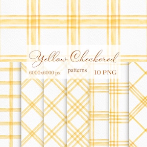 Pode incluir: Uma coleção de dez padrões xadrez amarelos e brancos em formato PNG. Os padrões apresentam vários designs de grade, incluindo xadrez clássico e arranjos diagonais. O texto "Yellow Checkered patterns" é exibido em uma fonte decorativa, juntamente com as dimensões.