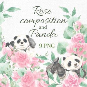 Aquarel bloemen panda, 9 png, kaarten maken, afdrukken, dier, illustraties, commercieel gebruik, panda, roze roos, pandakrans, bamboebeer