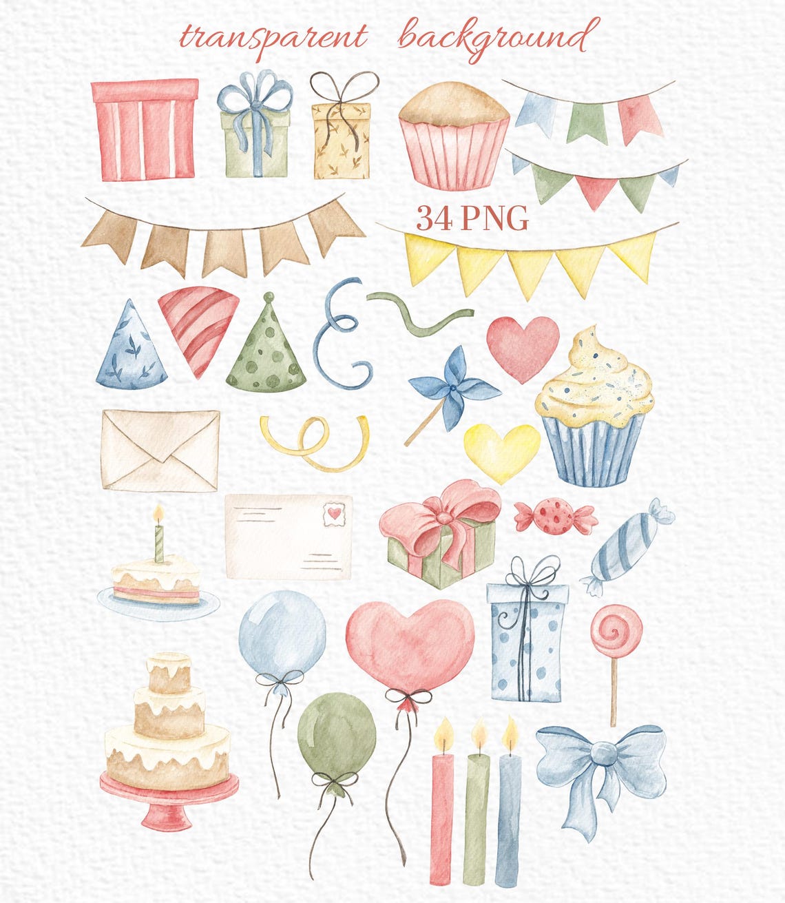 Watercolor Birthday Clipart Set: Party Elements, Balloons, Gift Box ...