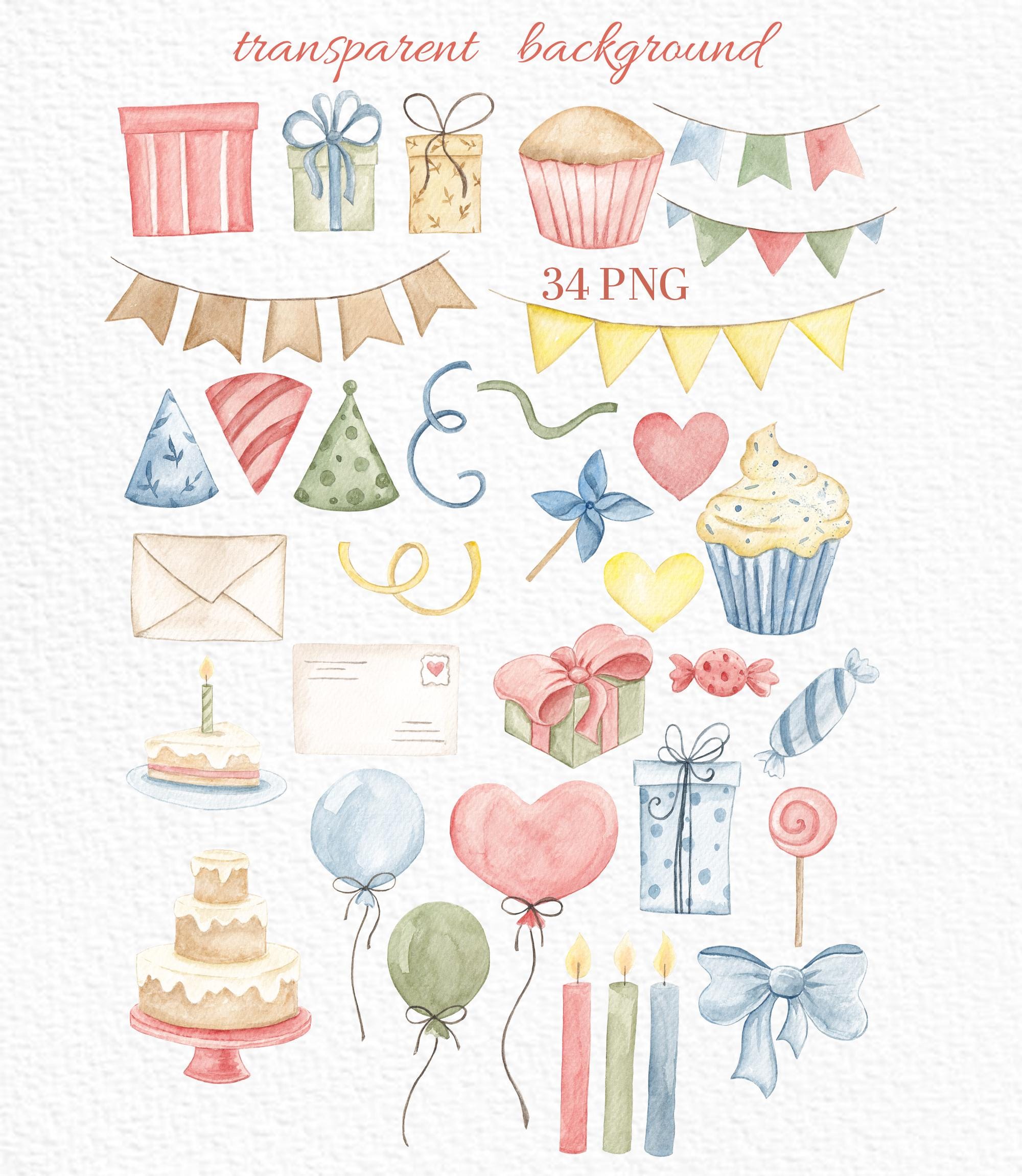 Watercolor Birthday Clipart Set: Party Elements, Balloons, Gift Box ...