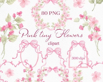Watercolor Pink Tiny Florals Clipart, Meadow  Botanical, Vintage Ribbon Borders (80 PNG, Digital Download)
