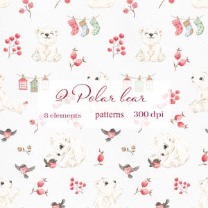 May include: Watercolor pattern featuring polar bears, red berries, birds, and decorative houses on a white background. The text reads "2 Polar bear patterns 300 dpi, 8 elements". The design includes Christmas stockings.