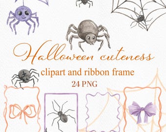 May include: Watercolor illustrations of Halloween-themed elements, including spiders, spiderwebs, and decorative frames. The text "Halloween cuteness" and "clipart and ribbon frame" are also present. The image features a variety of colors, including purple, orange, and gray.