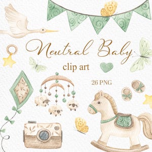 Watercolor Neutral Baby Clipart, Boho Baby Shower Clipart, Beige Green Nursery Clipart, New Born, Gender Neutral, Nursery PNG, Baby Birthday