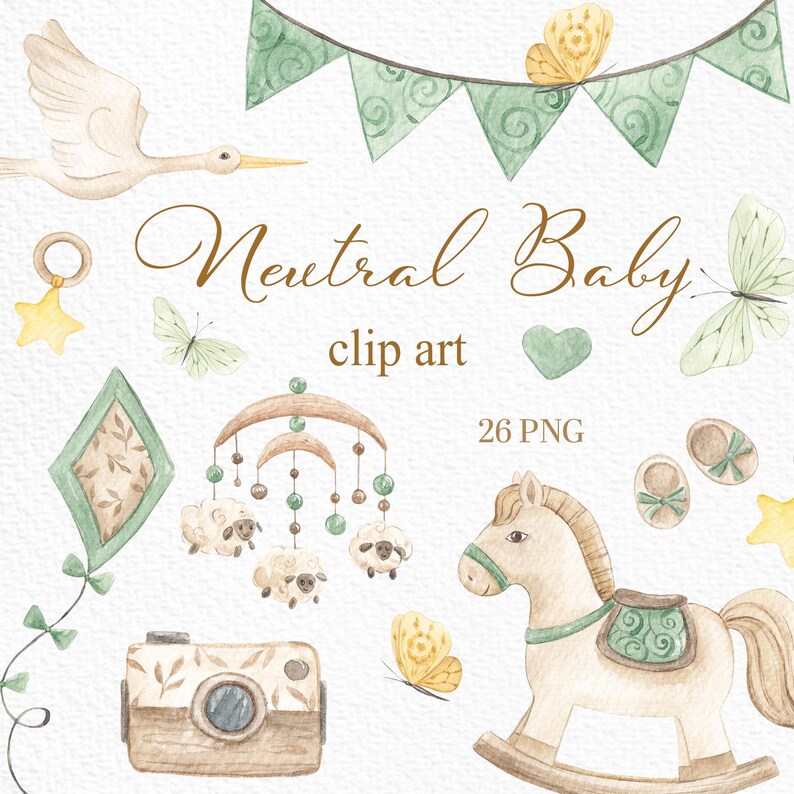 Watercolor Neutral Baby Clipart: Boho Nursery PNG Elements Gender ...