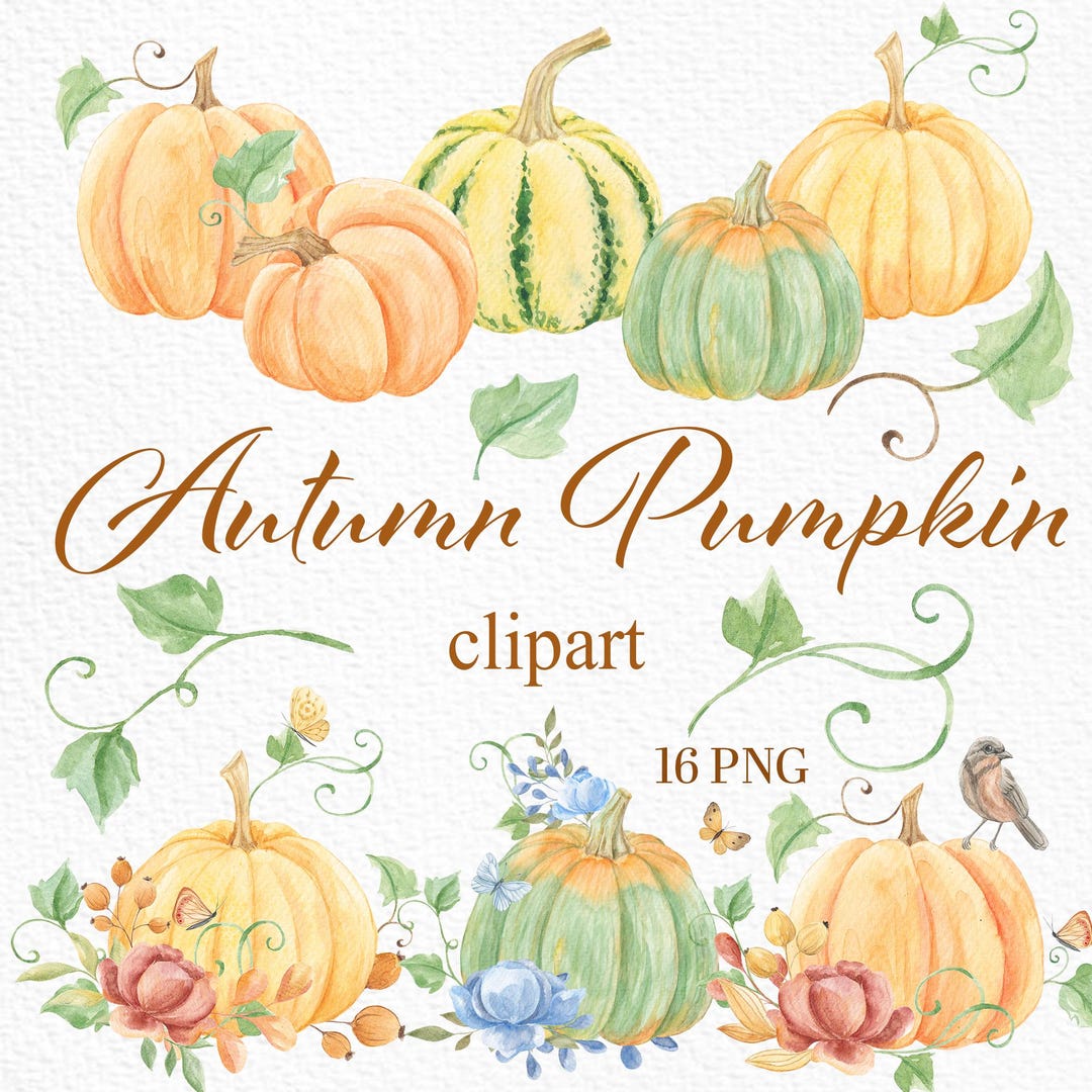 Watercolor Pumpkin Clipart Bundle: Autumn Flowers, Cozy Fall ...