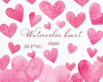 May include: Watercolor heart clipart featuring various shades of pink hearts. The image includes multiple heart shapes, some overlapping, with watercolor textures. The text "Watercolor heart clipart" and "26 PNG" is also present.