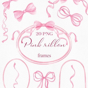 Imágenes prediseñadas de marcos con lazos rosas en acuarela: bordes de cinta vintage (20 PNG, descarga digital)