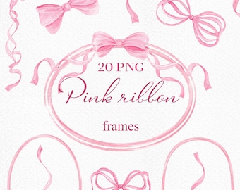 Watercolor Pink Bow Frame Clipart: Vintage Ribbon Borders (20 PNG, Digital Download)