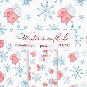 May include: A watercolour winter pattern with red mittens, blue snowflakes, and snowmen on a white backdrop. The text "Winter snowflake" is displayed in a decorative font. Ideal for winter-themed crafts and projects.